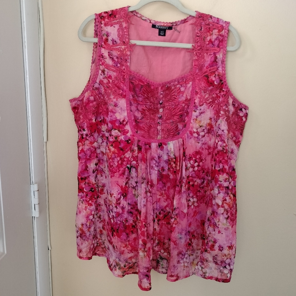 Roamans 20W Sleeveless Pink Floral Embroidery Lace Trim Top Shirt Boho Vacation